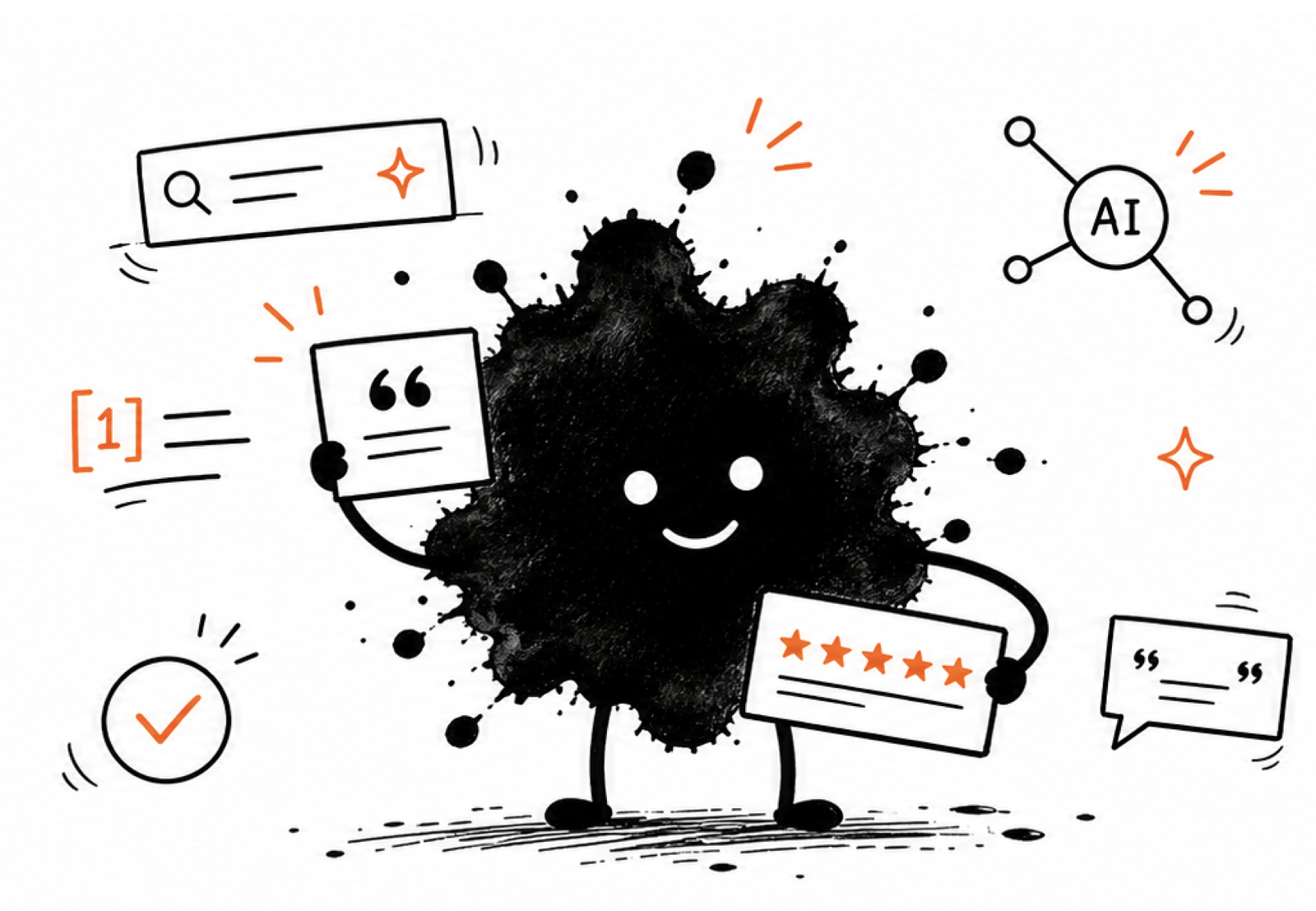 A friendly ink-blob character holding AI citation and review cards, surrounded by search, AI, checkmark, and quote icons